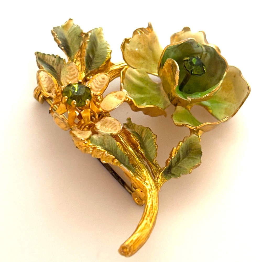 Vintage Made in Austria Flower Brooch Green Enamel Rhinestone Gold Tone Pin